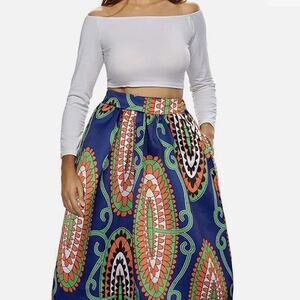 Afibi Maxi Skirt Blue Orange Green Tribal Ethnic A-Line Pockets